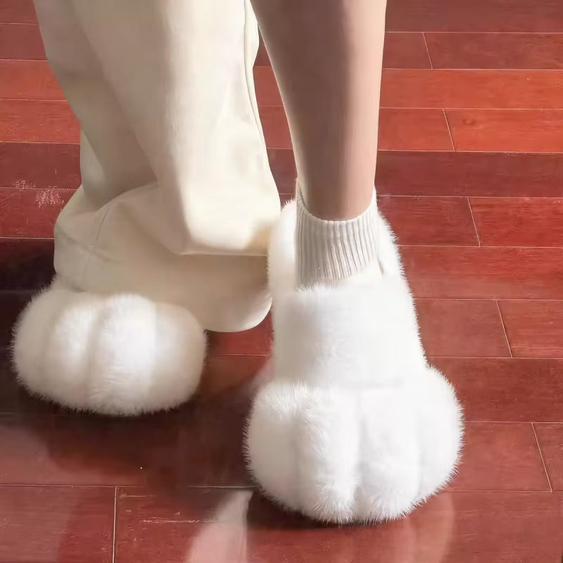 Women Cute Cat Paw Plush Slippers Winter Warm Furry Closed Toe House Shoes, Kawaii Cartoon Non-Slip Indoor Slippers