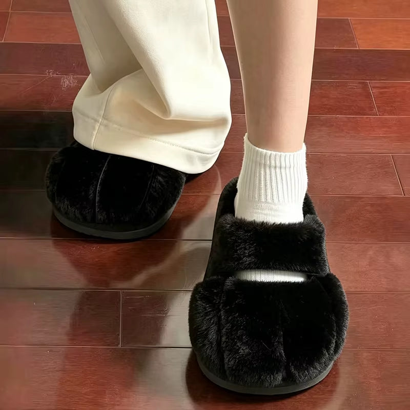 Women Cute Cat Paw Plush Slippers Winter Warm Furry Closed Toe House Shoes, Kawaii Cartoon Non-Slip Indoor Slippers