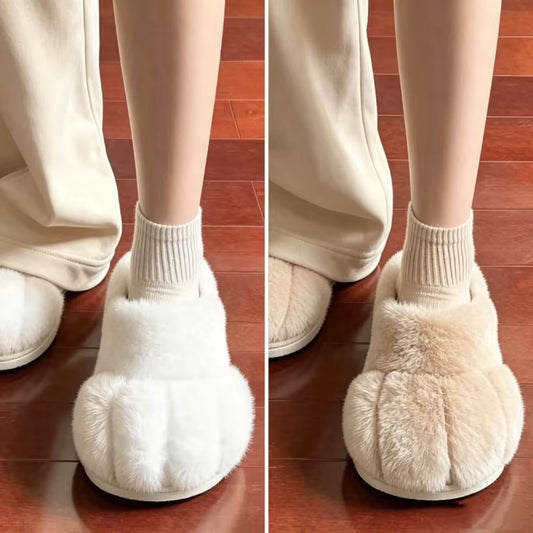 Women Cute Cat Paw Plush Slippers Winter Warm Furry Closed Toe House Shoes, Kawaii Cartoon Non-Slip Indoor Slippers