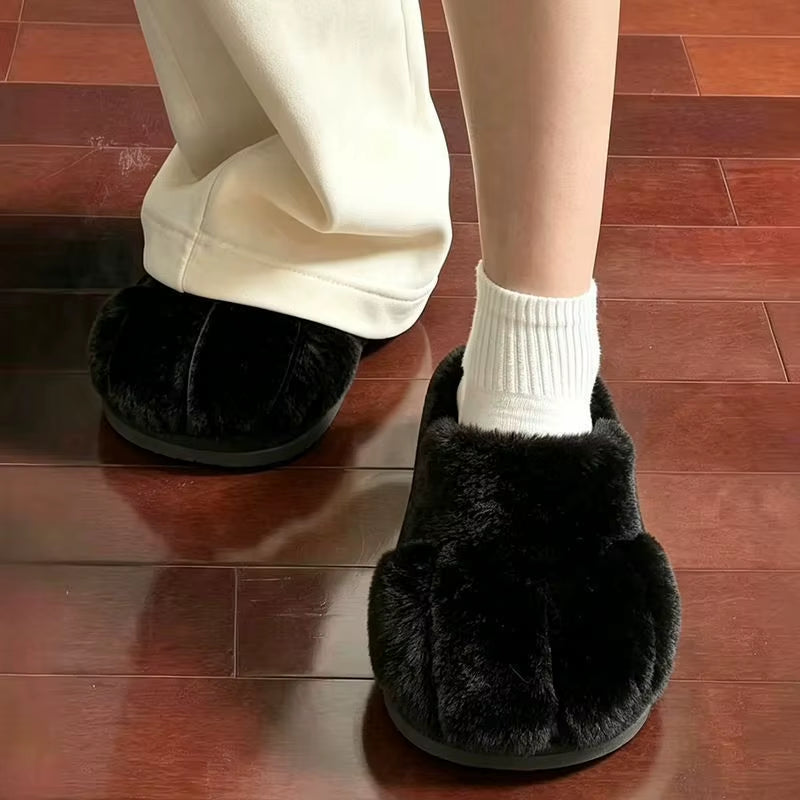 Women Cute Cat Paw Plush Slippers Winter Warm Furry Closed Toe House Shoes, Kawaii Cartoon Non-Slip Indoor Slippers
