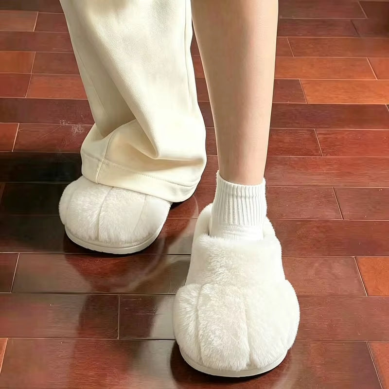 Women Cute Cat Paw Plush Slippers Winter Warm Furry Closed Toe House Shoes, Kawaii Cartoon Non-Slip Indoor Slippers